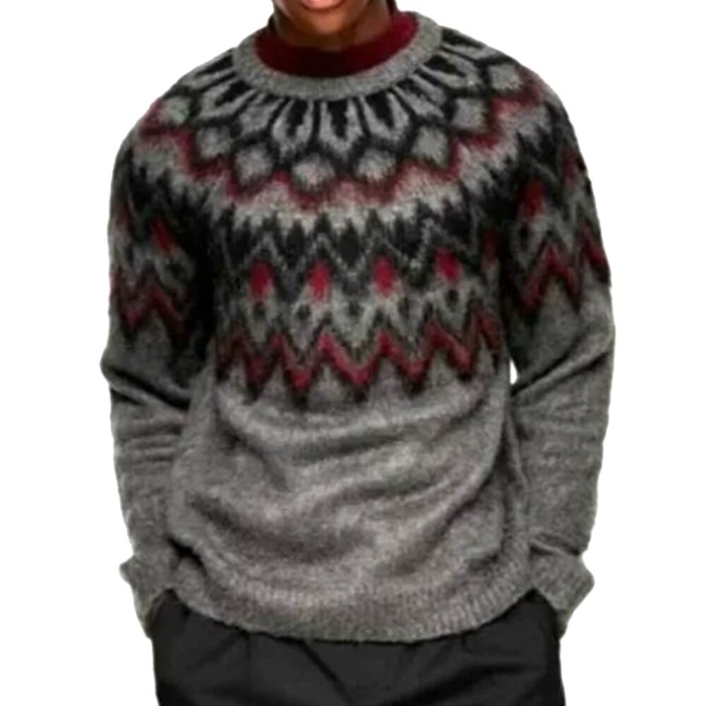 Topman Nordic Fair Isle Crewneck Sweater Men's M Gray Red Slim Fit NWOT